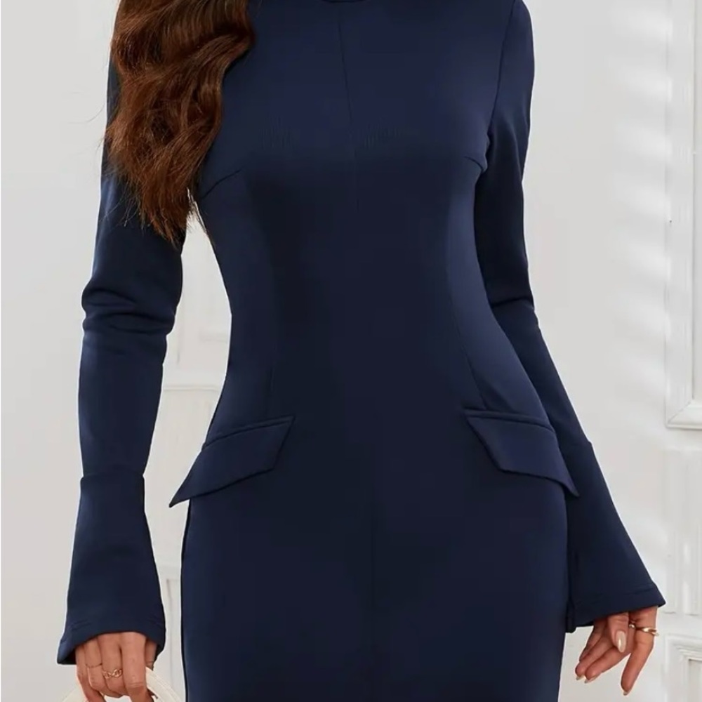 Long bell bottom, sleeves mini dress round neck navy blue Great for work